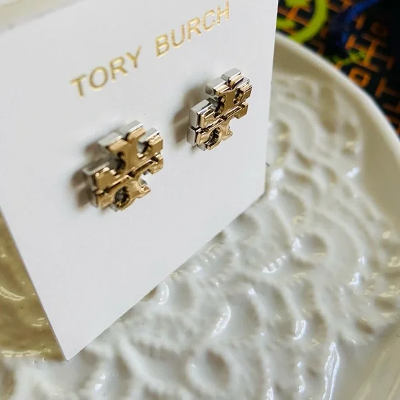 NWT! Tory Burch logo stud earrings in double gold: gold and silver tones - Picture 6 of 15